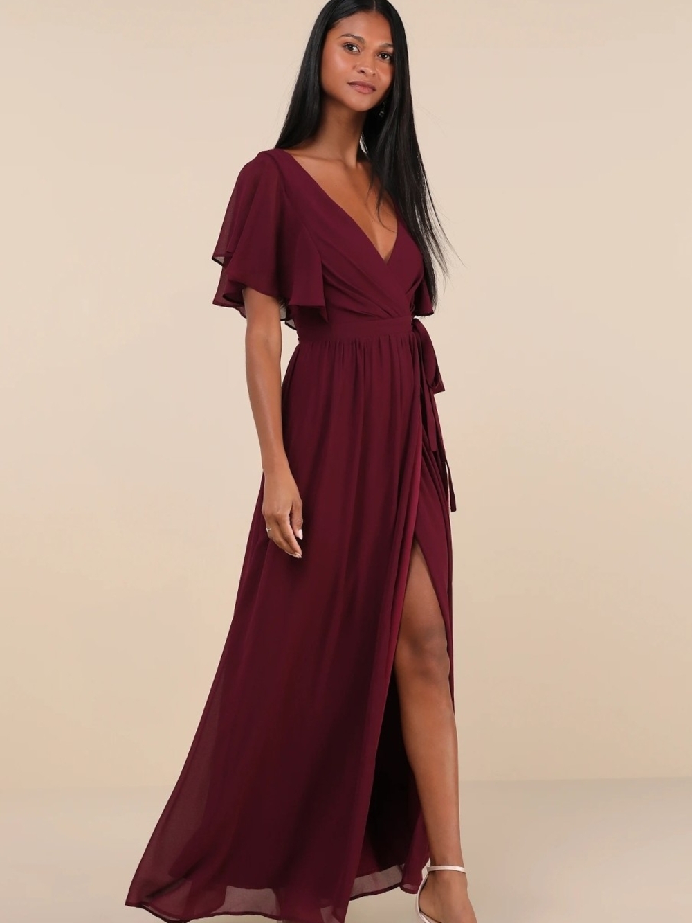 Lulu's Wine Wrap Maxi Dress with Flutter Sleeves